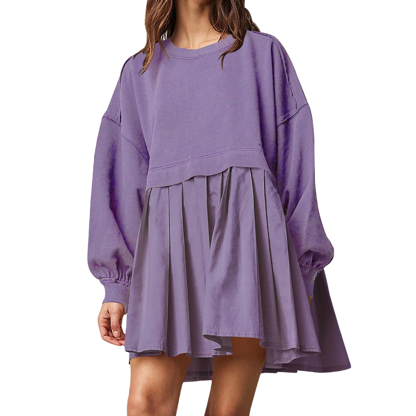 The 2024 cross-border European and American autumn and winter new women's clothing solid-color long-sleeved patchwork loose pleated sweatshirt dress Item Picture