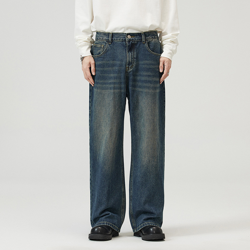 JIAMU three-color new baggy jeans straight-leg loose wide-leg jeans washed elastic jeans for men and women details Picture