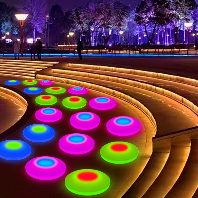 led circular stage lights, colored running floor tile lights, outdoor waterproof dancing interactive sensor music illuminated floor lights details Picture