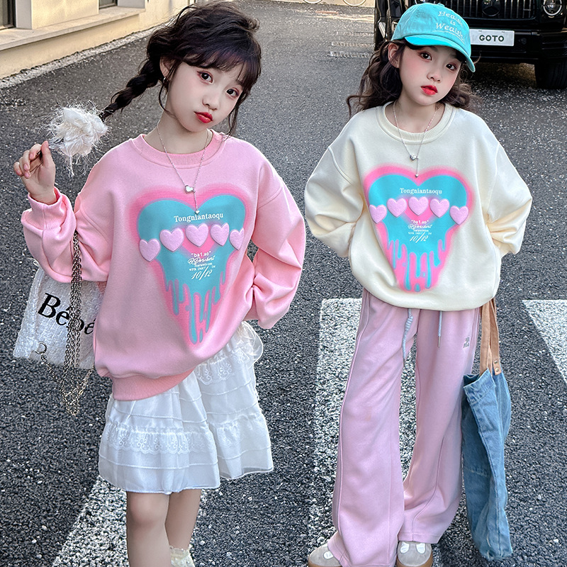 女童春季立体爱心卫衣2024新款中大儿童洋气运动休闲字母卫衣春装