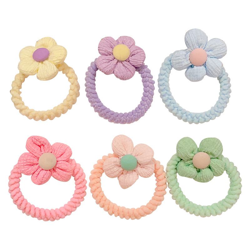 Korean Version Of Color Contrast Flowers Thick Head Rope Girl Hair Ponytail Hair Band 2023 New Children's Leather Band Flower Headwear Item Picture