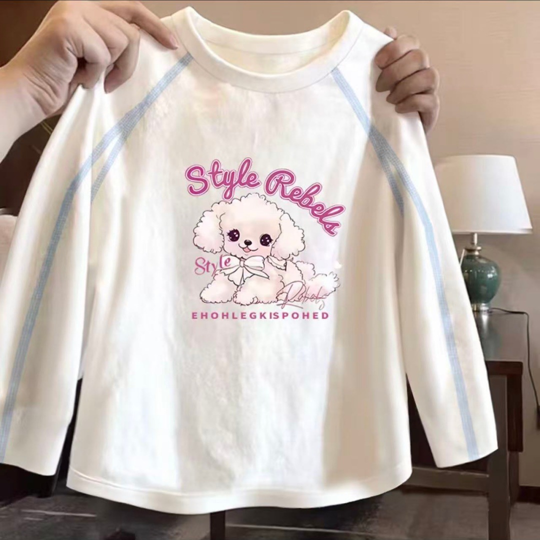 Girls' 100% pure cotton long-sleeved 2025 Spring and Autumn new style stylish base T-shirt Children's clothing breathable thin round-neck top