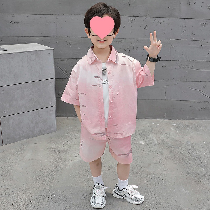Children's summer tie-dyed pink shirt short-sleeved set, two-piece cool and stylish shirt set for kids, trendy children's clothing for export Application Scenario