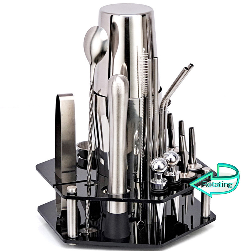 New 19-Piece Stainless Steel Shaker Cocktail Set Rotating Hexagonal Acrylic Bar Set