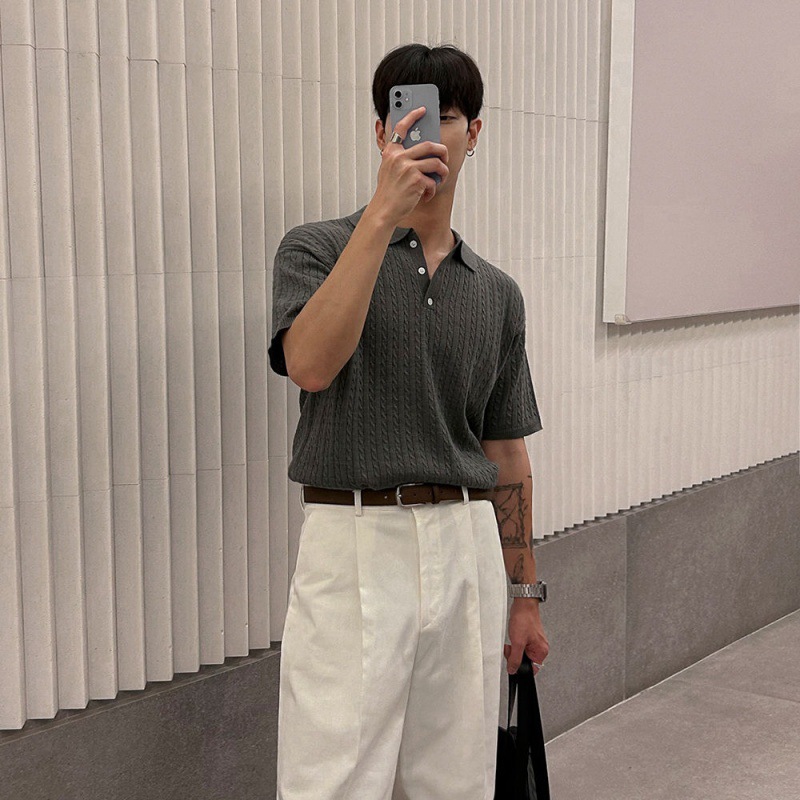 MYQ Linen pattern lapel knitted short-sleeved men's summer loose Polo shirt, short T-shirt, Korean-style old money style half-sleeved T-shirt Specification image