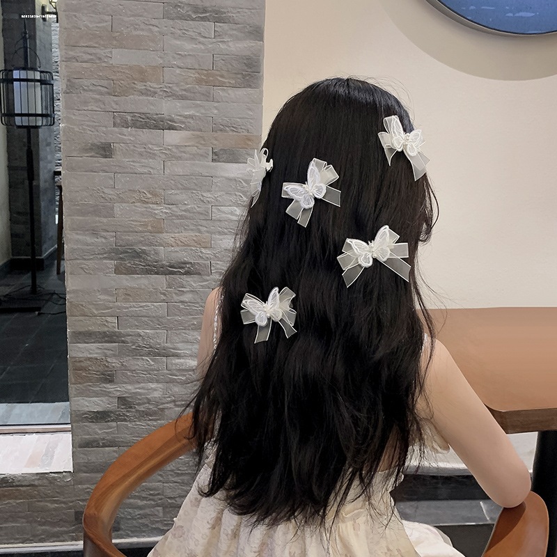 Super Fairy White Gauze Butterfly Pearl Hairpin Female Mori Tie Fairy Beauty Bow Small Hairpin Side Braided Headpiece details Picture
