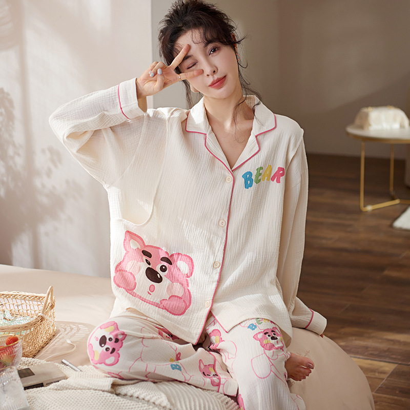 Postpartum wear, autumn and winter pure cotton pajamas for pregnant women, large size, sweat-absorbing and breathable, spring and summer thin style with lactation opening details Picture