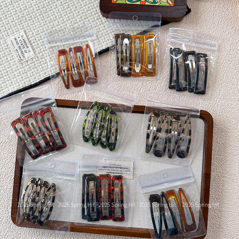 New Korean-style seamless 7cm oil drip BB clip set, black leopard print spotted fringe clip, water drop simple side clip details Picture