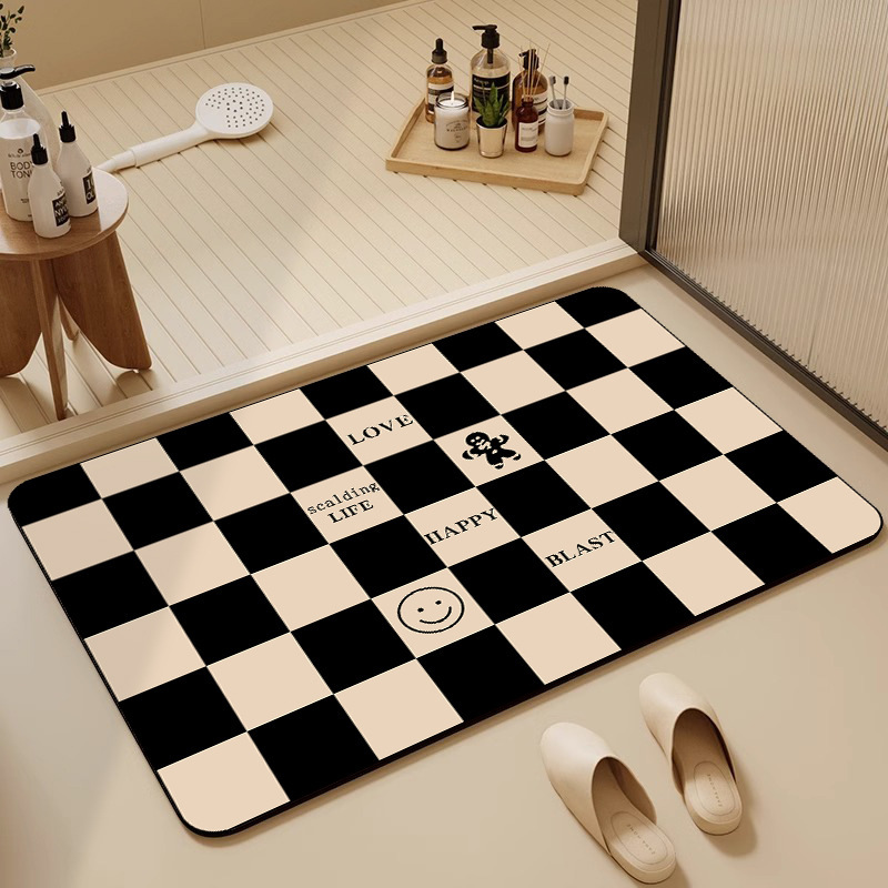 Checkered bathroom floor mat, diatom mud shower water-absorbing quick-drying foot mat, household toilet and bathroom door dirt-resistant mat Application Scenario