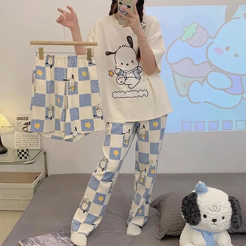Pajama Woman Summer New Short Sleeve Cartoon Cute Pacha Dog Student Shorts Long Pants Home Wear Three Sets details Picture