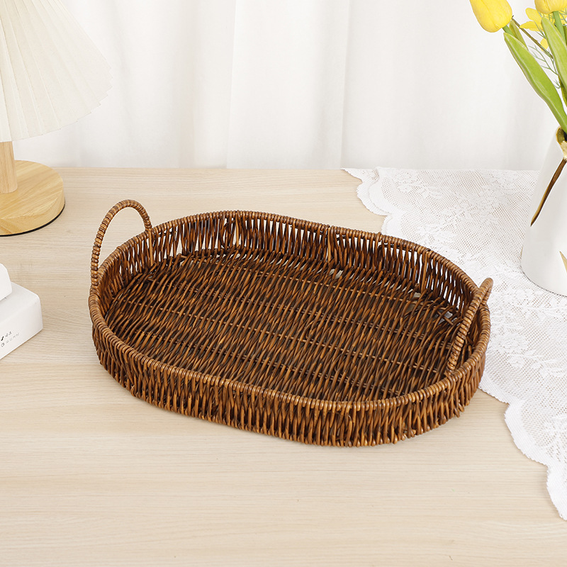 Handmade rattan woven tray, fruit plate, double-eared rattan basket, woven breakfast basket, Japanese bamboo woven bread basket, pastry picnic basket Specification image