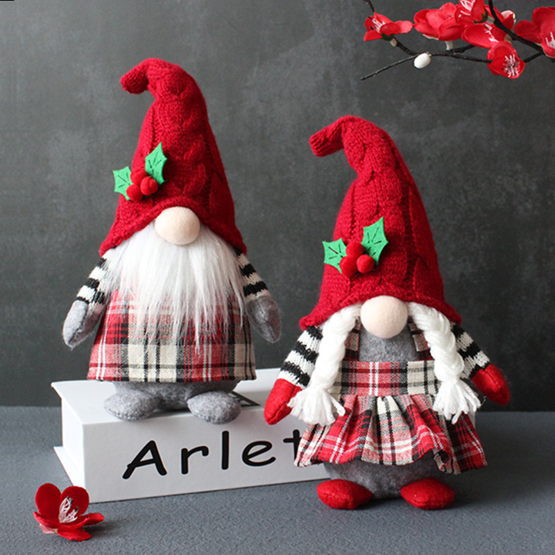 Hong Kong love cute braid faceless doll plaid with hat forest old man doll home plush tabletop decoration full figure