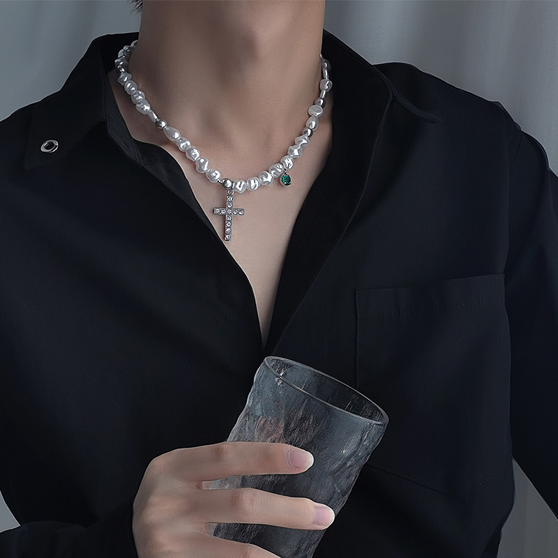 Korean INS cross pearl titanium steel necklace wholesale Ha men and women set titanium steel necklace personality wholesale hair details Picture
