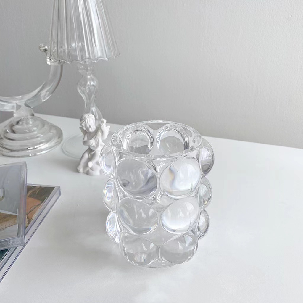 多用途创意透明水晶玻璃笔筒化妆刷桶桌面摆件玻璃烛台蜡烛杯批发白底实物图