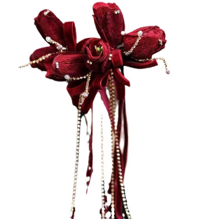 New Chinese Wedding Wedding Velvet Tulip Headwear Streamer Hairpin Ethnic Style Bride Toast Red Suit Item Picture