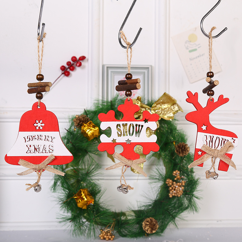 圣诞树装饰挂件木质铃铛小鹿雪花树挂件圣诞节日礼品店门头装饰品