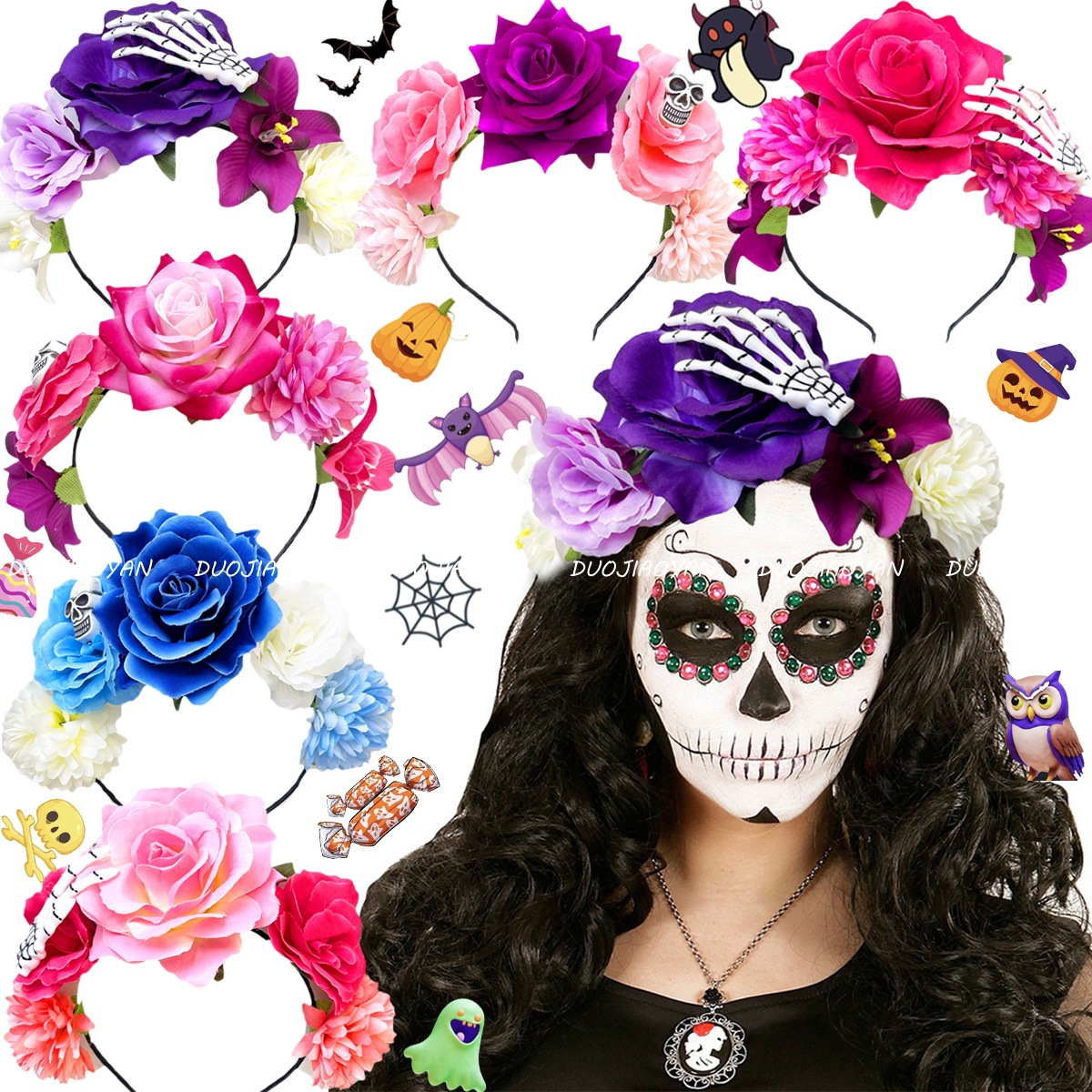 Amazon Cross-border's new flower-shaped headband, high skull top simulation fabric three-dimensional headwear, Halloween Carnival accessory headband full figure