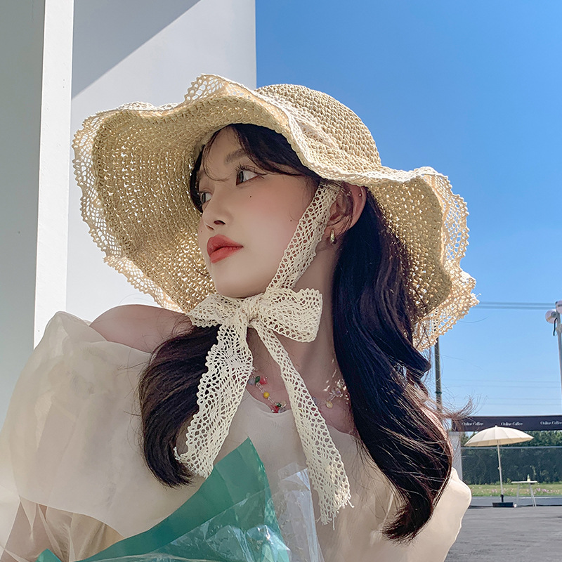 草帽ins韩版系带镂空草编帽女夏出游防晒沙滩太阳帽蕾丝边遮阳帽