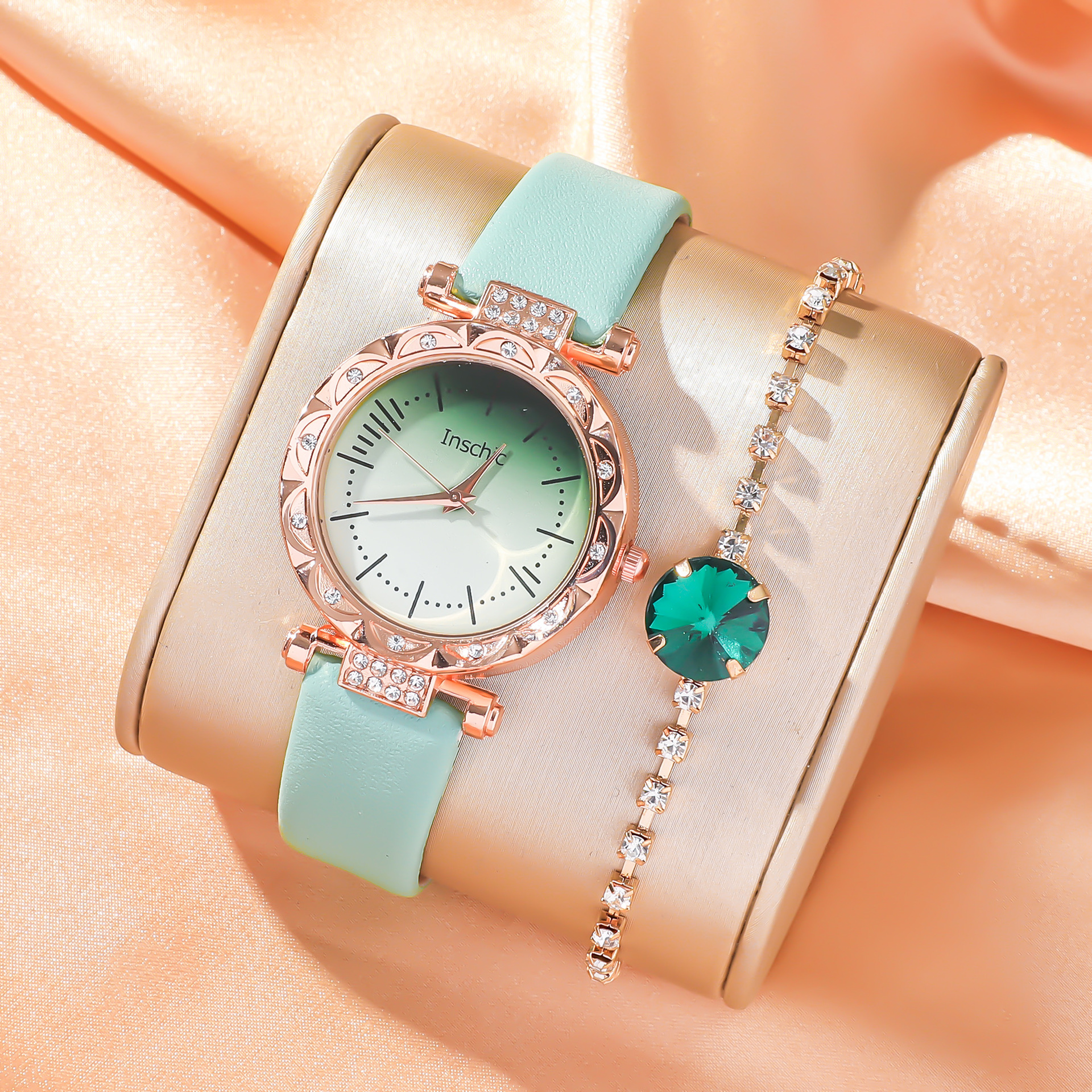 Estudiante mujer gradiente verde dial esmeralda strass pendientes pulsera collar anillo set 6pcs/set Specification image