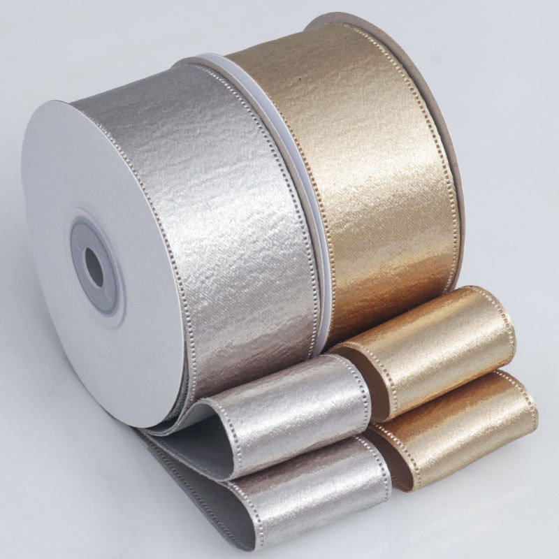 Wholesale of single-sided glittering polyester colored satin ribbon, handcrafted diy flower gift packaging, ribbon edge-pressed fabric strip decoration Item Picture