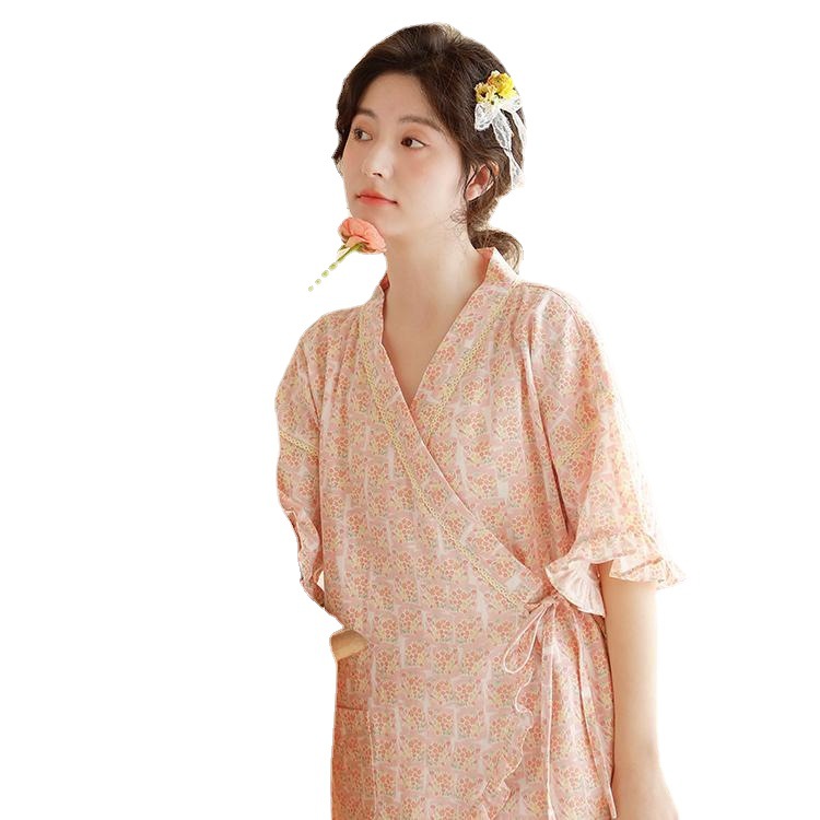 Pajamas Women Summer Cotton Double Gauze Women Kimono Japanese Style Seven Quarter Sleeve Trousers Home Wear In Stock Item Picture