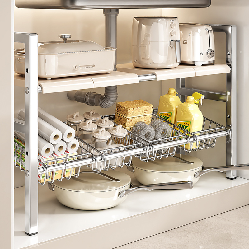 Stainless steel sink storage rack, extendable cabinet, layered storage wonder, multi-functional cookware storage rack