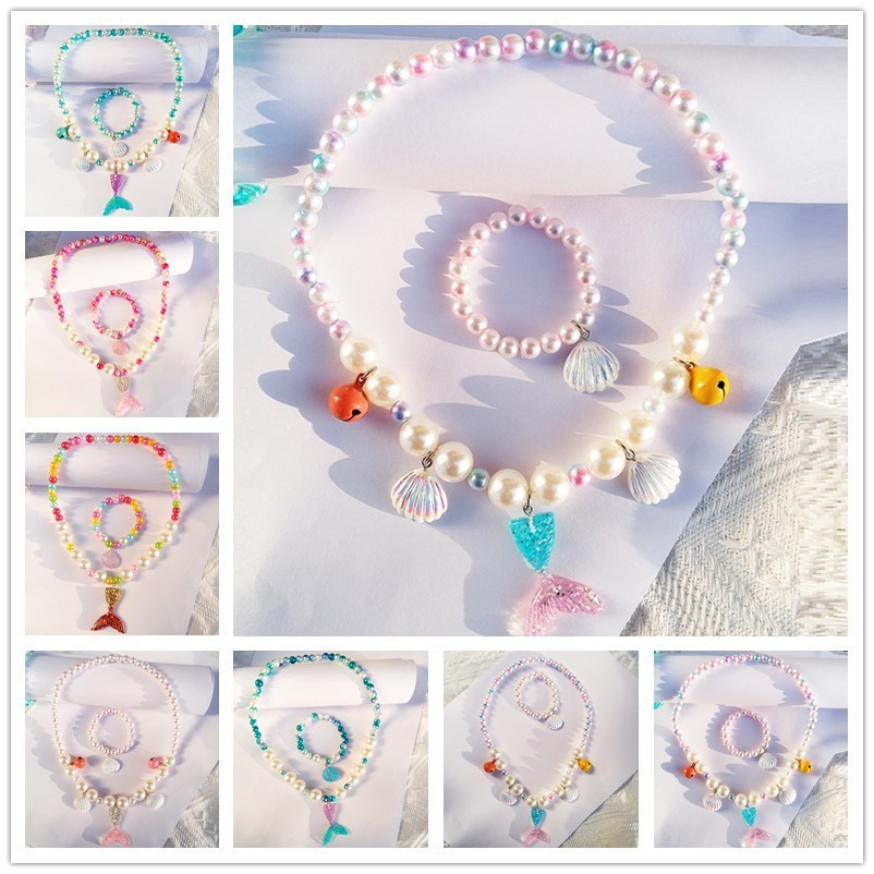 Wholesale of Marine shell bracelet, colorful fishtail necklace, gradient color pearl mermaid children's bracelet and necklace set details Picture
