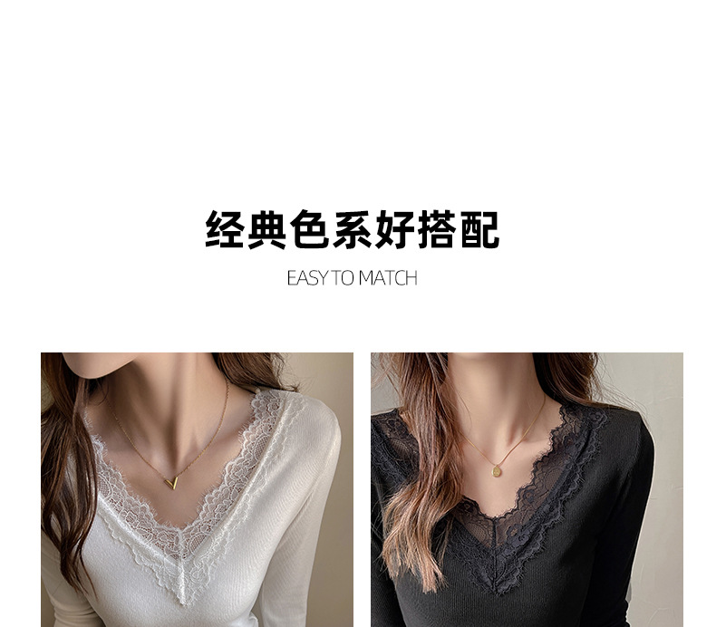 A lace-trimmed V-neck long-sleeved base layer for women, paired with a German fleece, brushed, and slimming design off-the-shoulder T-shirt for autumn and winter pic 14