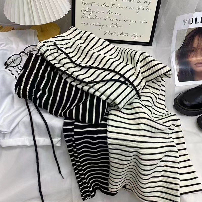 黑白条纹休闲裤女2025春夏高腰直筒毛巾裤宽松垂感阔腿裤拖地长裤
