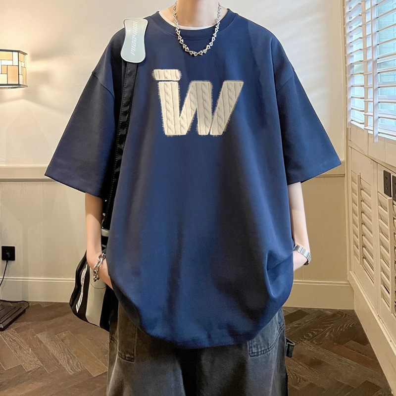 American retro design sense, high-end look, men's short-sleeved summer trendy brand, large-sized half-sleeved wine red, navy blue Specification image