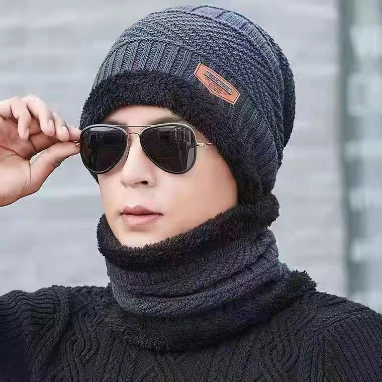 Autumn And Winter Men's Scarf Pullover Bib Two-Piece Cap Winterproof Cap Warm Earmuff Knit Cap Wool Cap Outdoor Men's Hat