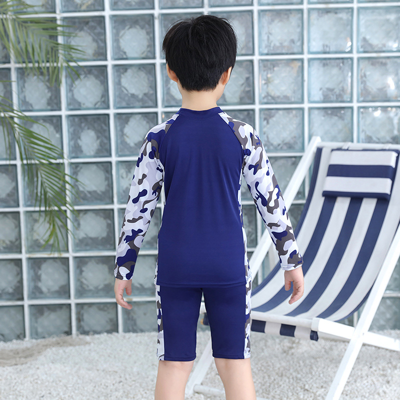 Professional Wholesale New Small And Large Children's Separate Set Children's Swimsuit Camouflage Long Sleeve Quick Dry Boy's Swimsuit Application Scenario
