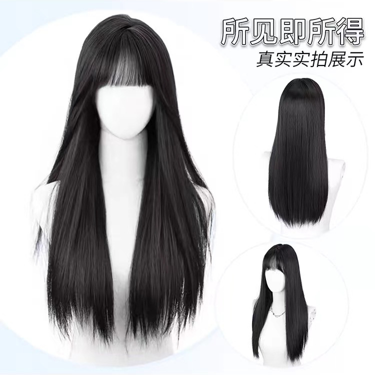 Xingcheng wig for women, long black and brown, round face, air bangs, natural autumn and winter faux hair, long straight hair, full head cover style Specification image