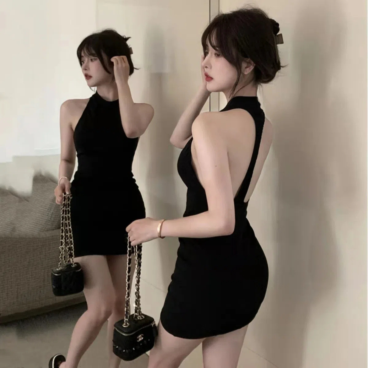 Backless sexy hot girl sleeveless halter and body-hugging dress for summer, new tight and figure-hugging style, pure and sensual, one-piece short skirt for women's fashion details Picture