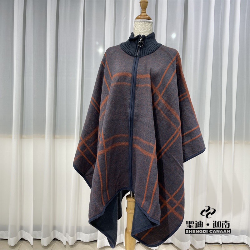 Canaan Spot Foreign Trade Europe And The United States Cross-Border Zipper Cloak Quality High Collar Slit Men's And Women's Plaid Shawl Blanket Wholesale Specification drawing