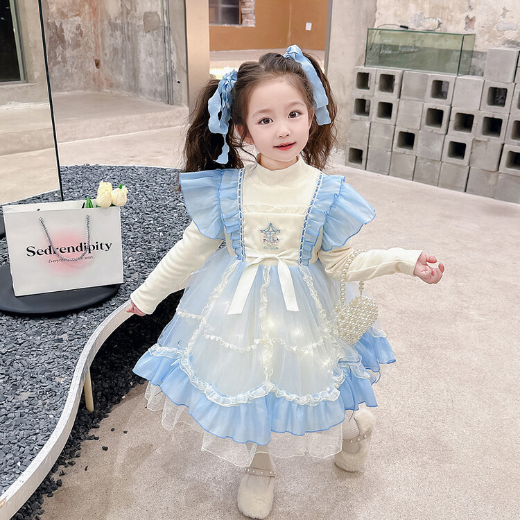 Niña vestido lolita 2023 otoño invierno nuevo estilo de las mujeres niños patchwork malla suéter princesa falda puffy al por mayor details Picture