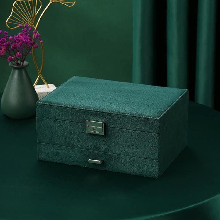 Dark green velvet single and double three-layer jewelry box, jewelry storage box, earrings, necklace, bracelet, jewelry dust-proof storage box Specification image