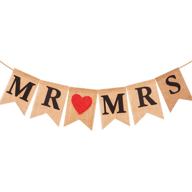 MR MRS Heart-shaped coarse linen banner flag for wedding party decoration swallow Tail flag wholesale Item Picture