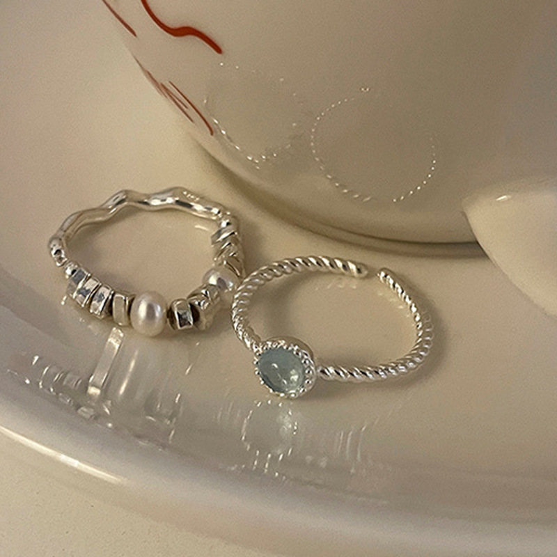 猫眼石金属碎银子珍珠戒指女小众个性简约百搭气质时尚指环戒子