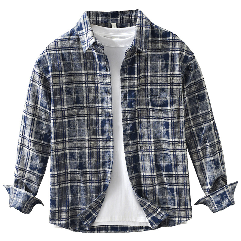 8912 Japanese trendy checked long-sleeved shirt for men, fashionable, casual and versatile, artistic loose top, one-piece consignment Item Picture