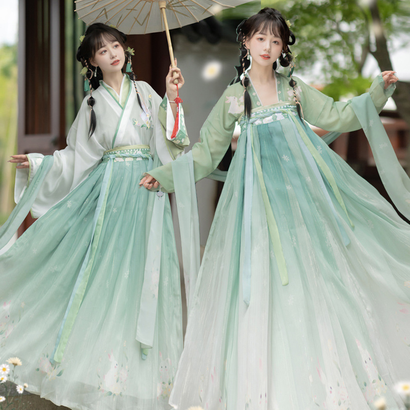 National trend embroidered waist-length cross-neck blouse and skirt set, adult Hanfu, female student chest-length printed spring and autumn style