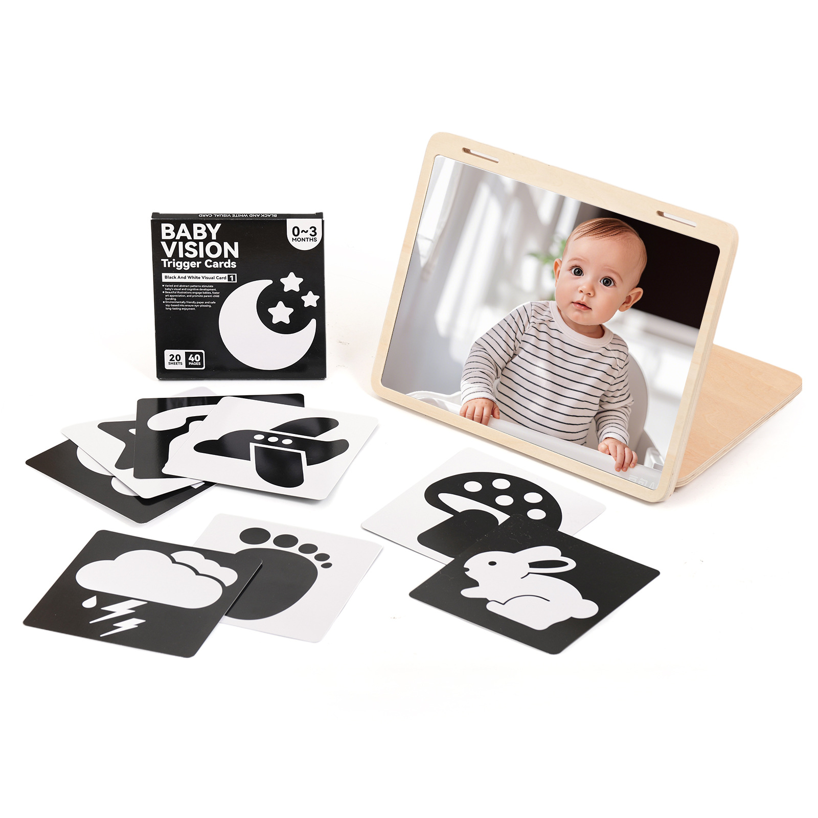 Cross-border bestseller Montessori infant and toddler visual stimulation folding mirror Baby early education toy tracking flash card Item Picture