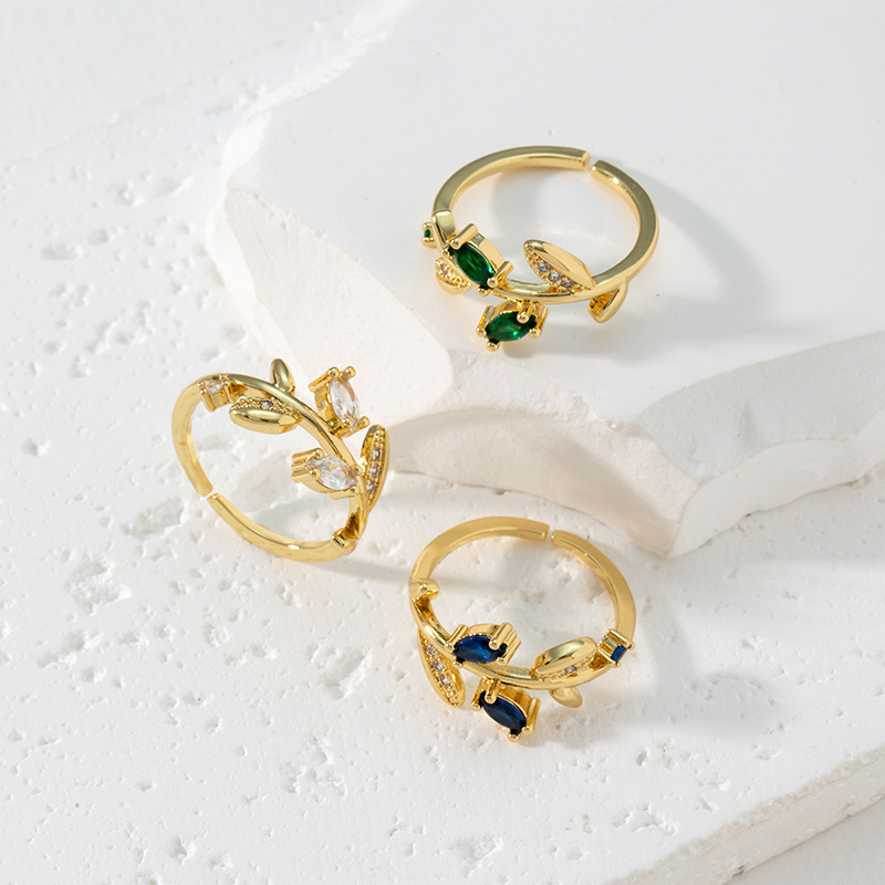 跨境欧美铜镀真金彩色马眼树叶微镶锆石铜镀真金小清新开口戒指女