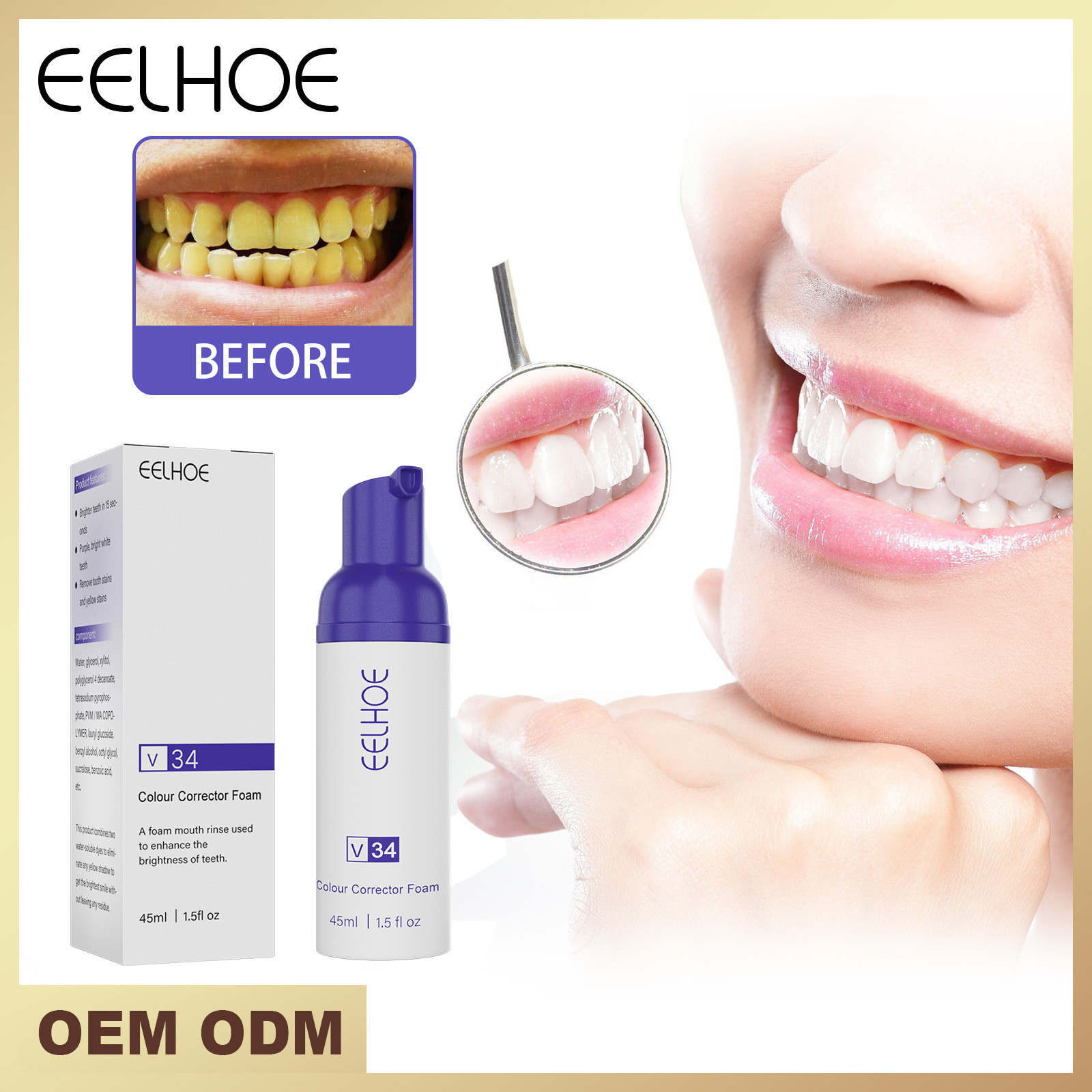 Eelheo V34 Foaming Whitening Toothpaste Cleans Tartar Black And Yellow Stains Stains Stains Fresh Breath And Whitens Teeth