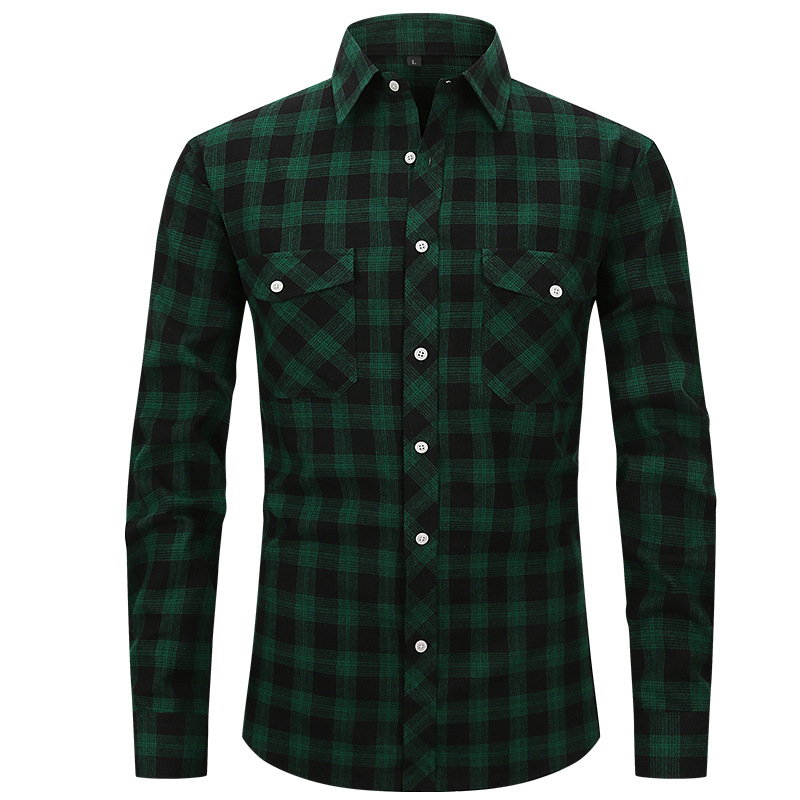 【 Amazon Bestsellers in European and American Sizes 】 Frosted checked shirt men's long-sleeved double-pocket flannel export shirt Specification image