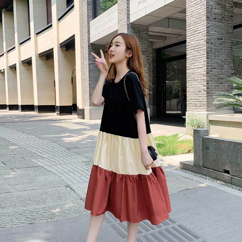 Summer dress for women, popular set, summer color-blocking short-sleeved dress, knee-length long dress for pregnant women, summer dress trend details Picture