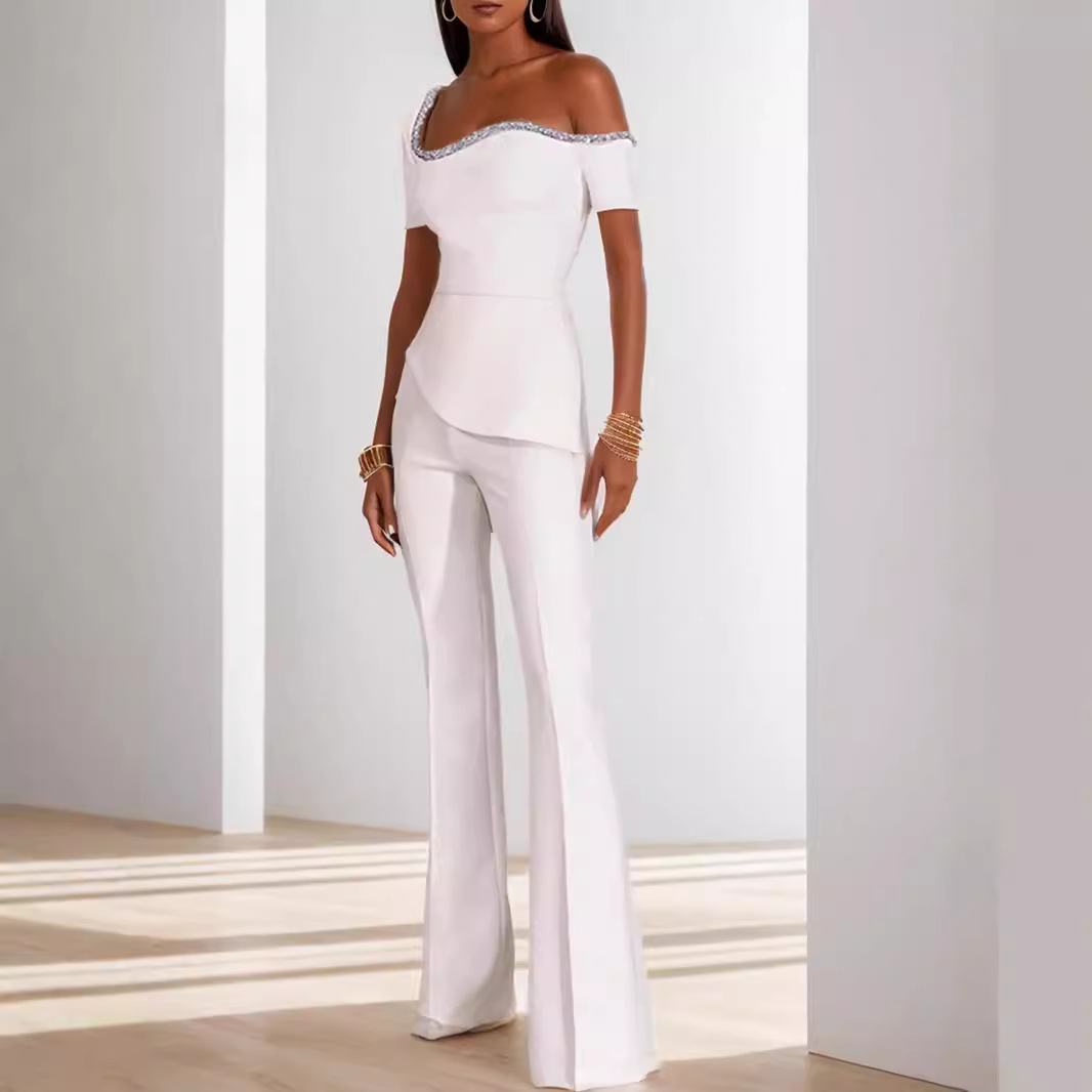 European and American cross-border women's clothing Spring/Autumn 2024 new solid-color off-the-shoulder short-sleeved, cinched waist, irregular wide-leg jumpsuit details Picture