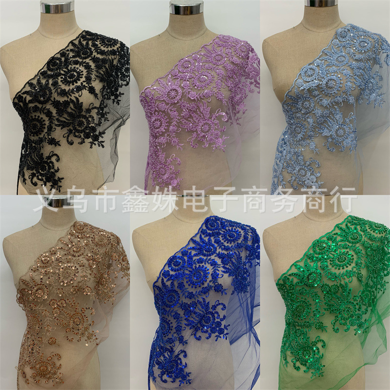 High-end wedding dress and evening gown accessories made of polyester three-dimensional nailing beads, flower beading, lace flower applique and sequined mesh fabric