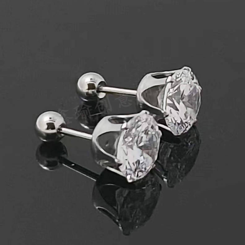 欧美时尚316不锈钢6爪3A锆石耳钉镙纹拧圆球塞耳钉套装饰品批发