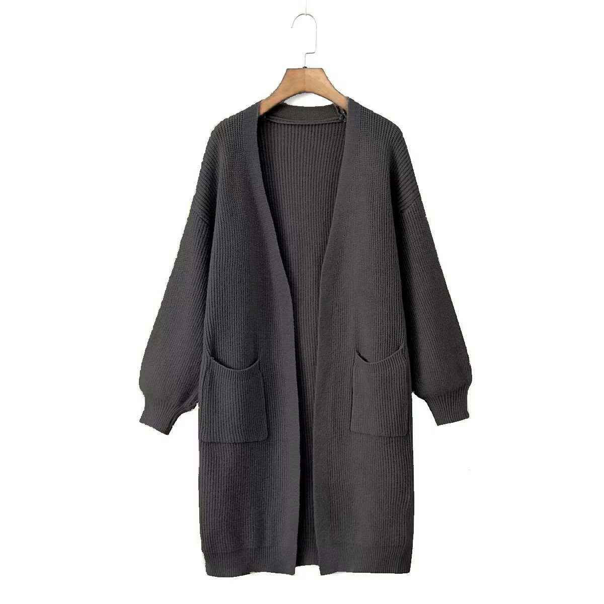 2025 Fashion Women's wear solid-color pocket decorated cardigan, long knitted sweater, coat, autumn and winter cross-border Korean style, lazy details Picture